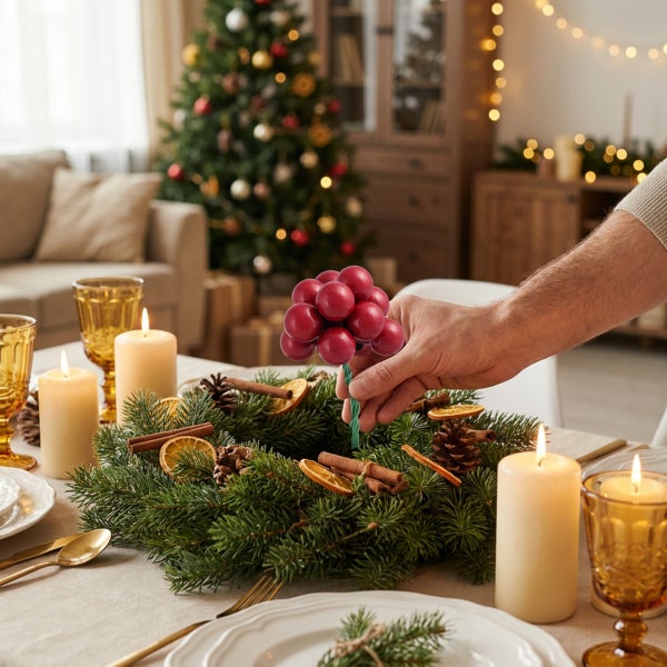 Hand dekoriert einen weihnachtlichen Adventskranz mit Beeren auf einem festlich gedeckten Tisch mit Kerzen und Tannenbaum im Hintergrund.