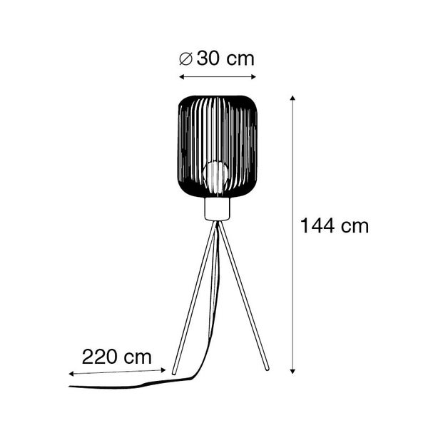 Technische Zeichnung einer 144 Zentimeter hohen Stehlampe mit einem Durchmesser von 30 Zentimetern und einem 220 Zentimeter langen Kabel.