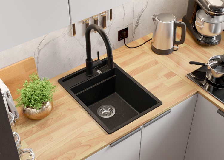PRIMAGRAN Spülbecken Schwarz Metallic 38x53cm, Granitspüle 1 Becken + Ablauf-Set + Küchenzubehörset, Küchenspüle ab 40er Unterschrank - Oslo Pocket