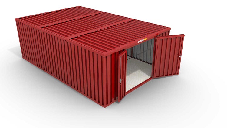 Lagercontainer Gerätehaus L3  – 25 qm, H2150 x B4050 x T6520 mm, Außenwandlackierung RAL 3000 feuerrot, Dach außen verzinkt, mit Holzfußboden, 1830 mm Doppelflügeltür mittig in Stirnseite, montiert