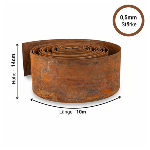 Rasenkante aus Cortenstahl auf Rolle, Höhe 14 Zentimeter, Länge 10 Meter, Materialstärke 0,5 Millimeter.