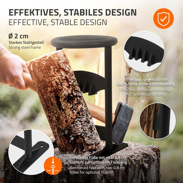 Holzspalter mit Hammer in Aktion auf einem Baumstumpf