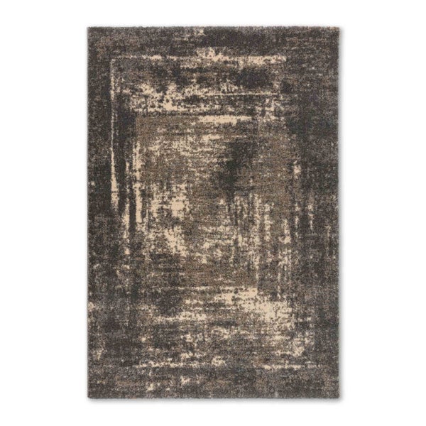 Rechteckiger Kurzflor-Teppich mit abstraktem Vintage-Muster in Grau und Beige.