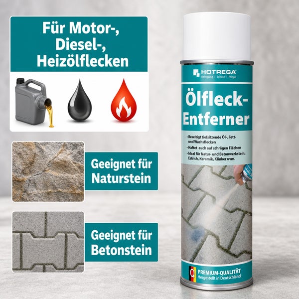 Hotrega Ölfleck Entferner Spray zur Beseitigung von Öl Fett und Wachsflecken auf Naturstein Betonstein Keramik und Klinker