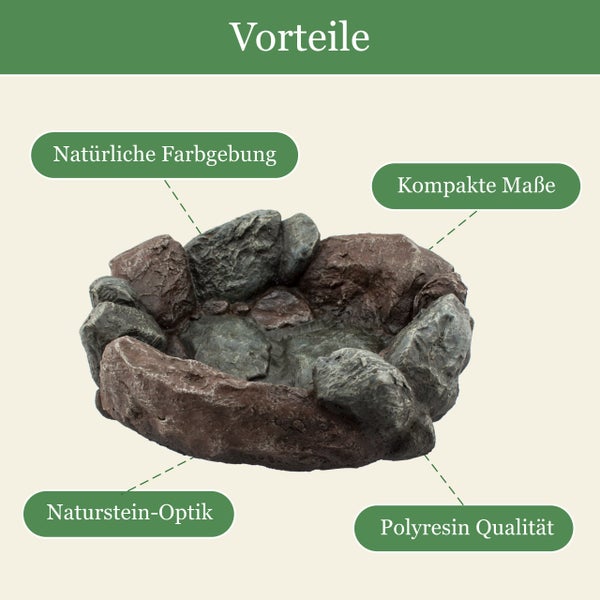 Vorteile der Wasserschale aus Polyresin in Natursteinoptik: natürliche Farbgebung, kompakte Maße und hochwertige Qualität.