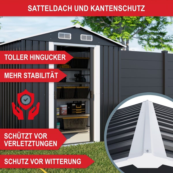 Metall-Gerätehaus mit Satteldach und Kantenschutz. Innenansicht mit Regalen sowie Detailansicht der Dachkonstruktion.