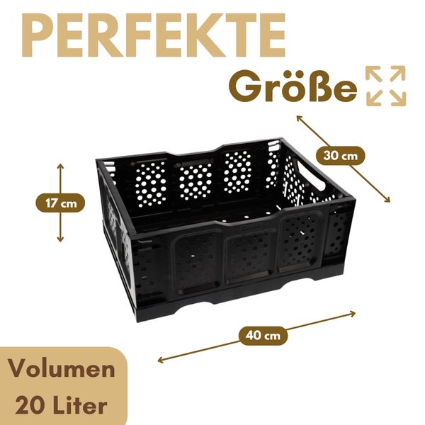 Schwarze Kunststoff-Faltbox mit den Maßen 40 x 30 x 17 cm und einem Volumen von 20 Litern.