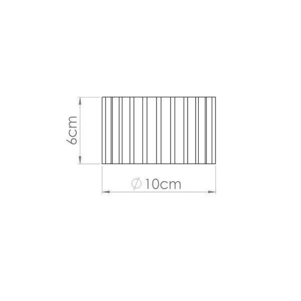 Technische Zeichnung eines zylindrischen Objekts mit vertikalen Rillen, Höhe 6 Zentimeter und Durchmesser 10 Zentimeter.