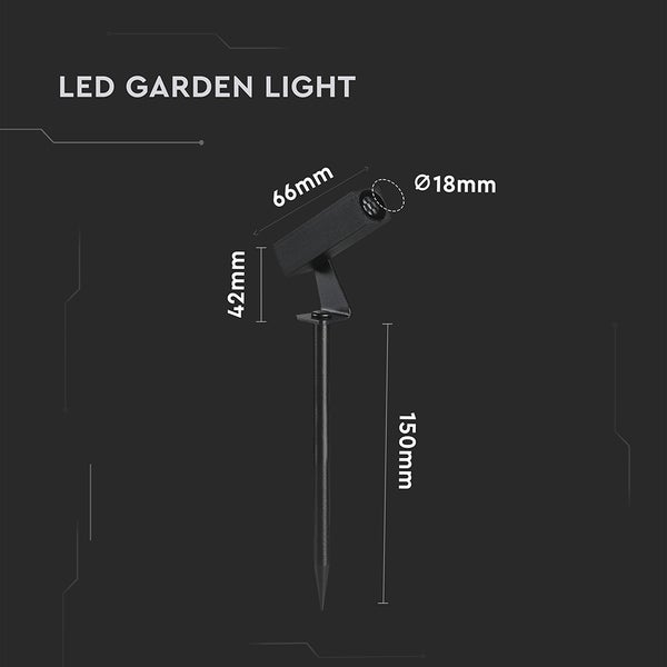 LED-Gartenstrahler mit Erdspieß, Maße: Länge 66 Millimeter, Durchmesser 18 Millimeter, Höhe 42 Millimeter, Erdspieß 150 Millimeter.