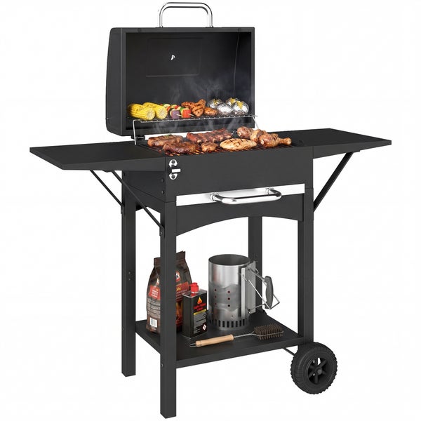Holzkohlegrill für 4 bis 8 Portionen, zwei emaillierte Grillroste je 44 mal 17 Zentimeter, verchromter Warmhalterost 46 mal 31 Zentimeter.