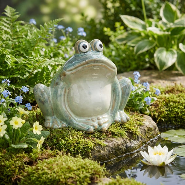 Keramikfrosch als dekorative Gartenfigur am Teichrand zwischen Blumen und Moos.
