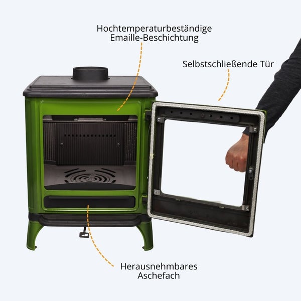 Kaminofen mit hochtemperaturbeständiger Emaille-Beschichtung, selbstschließender Tür und herausnehmbarem Aschefach.