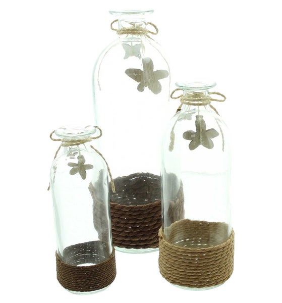 FRANK FLECHTWAREN | Dekovase Blume & Schmetterling, 3er Set, GLAS, HOLZ, SISAL, 5,5 x 5,5 x 16 cm, 7 x 7 x 20 cm, 8 x 8 x 26 cm