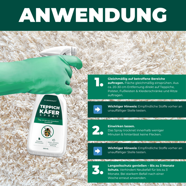 Anwendung von Teppichkäferspray auf einem Teppich mit Hinweisen zur Anwendung.