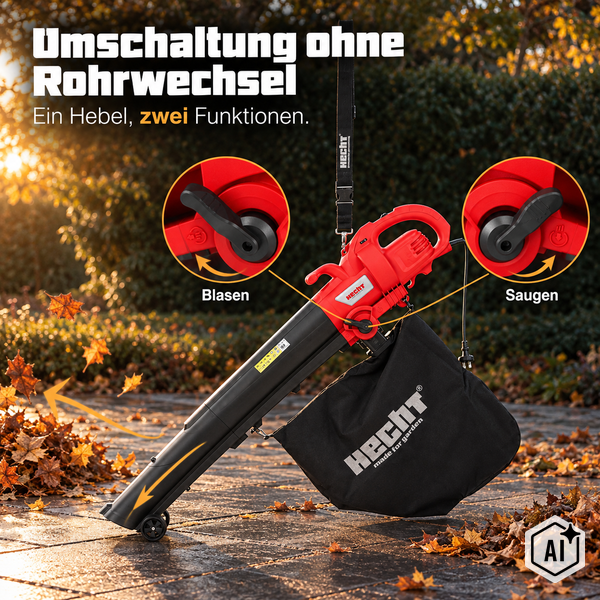 Hecht Elektro Laubbläser und Laubsauger mit 2 in 1 Funktion zum Umschalten zwischen Blasen und Saugen ohne Rohrwechsel.