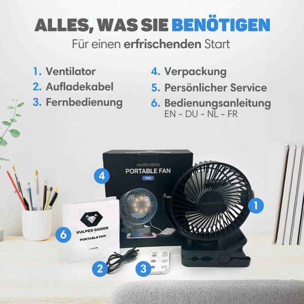 Vulpes Goods Mini Ventilator - Tischventilator - Handventilator - Wiederaufladbar - 3 Geschwindigkeiten - 12000 mAh
