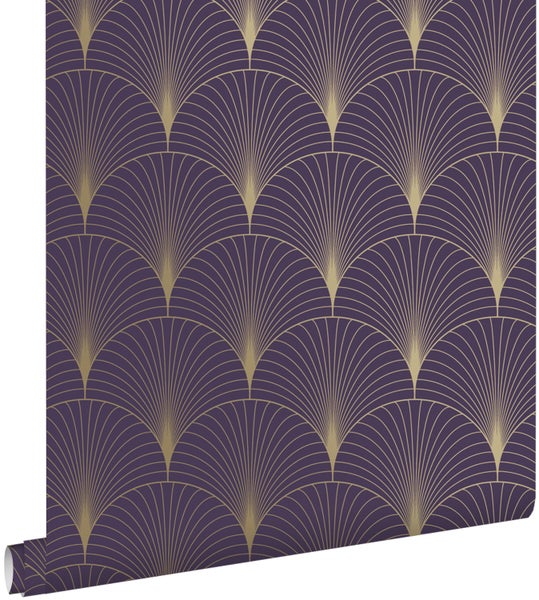 ESTAhome Tapete Art Decó Muster Dunkelviolett und Gold - 53 cm x 10.05 m - 139577