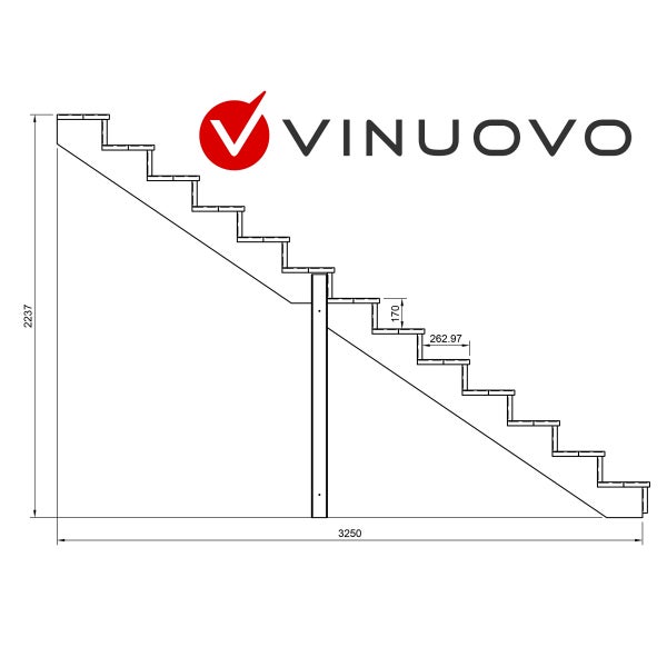 Technische Zeichnung einer Treppe mit Maßen und Vinuovo Logo