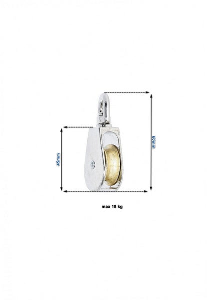 Seilrolle mit Oese und Metallrolle, Groesse 45 mal 60 Millimeter, maximale Tragkraft 18 Kilogramm