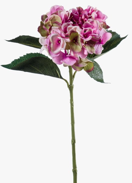 Künstliche Hortensie mit rosa Blüten, grünen Blättern und Stiel.
