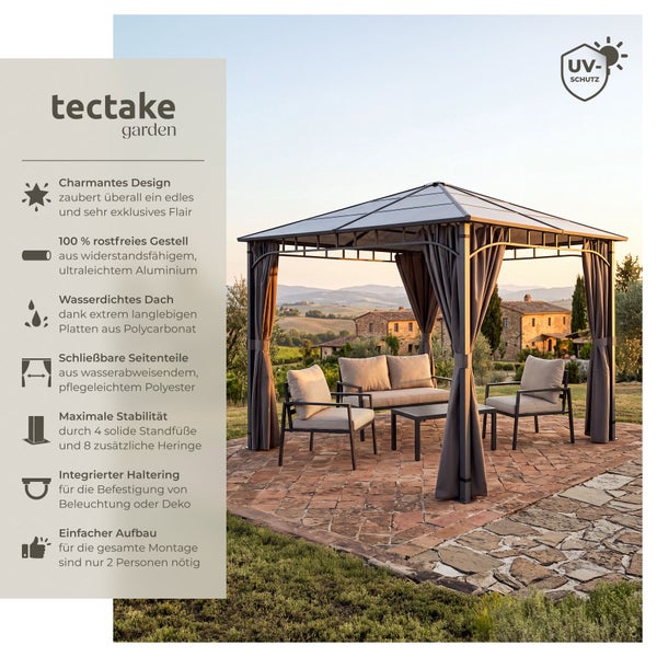 Tectake Gartenpavillon aus Aluminium mit Polycarbonatdach und Seitenteilen aus Polyester auf einer Terrasse vor einem Landhaus