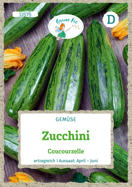 Samentüte für Zucchini Coucourzelle, ertragreich, Aussaat von April bis Juni, Grüne Fee Logo.