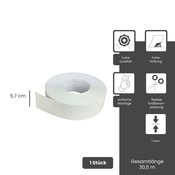 Weißes Dichtungsband, Breite 5,7 Zentimeter, Länge 30,5 Meter, Dicke 1 Millimeter. Hohe Qualität, Haftung, einfache Montage, flexible Anpassung.