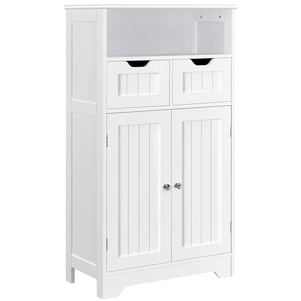 Weißer Badezimmerschrank mit offenem Fach, zwei Schubladen und zwei Türen im Lamellen-Design.