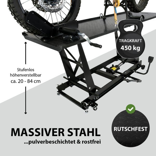 Motorradheber aus Stahl mit einer Tragkraft von 450 Kilogramm und stufenloser Höhenverstellung von circa 20 bis 84 Zentimetern