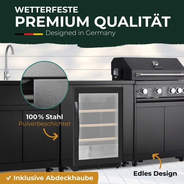 Wetterfeste Außenküche aus schwarzem, pulverbeschichtetem Stahl mit Spüle, Kühlschrank und Gasgrill auf Rollen. Inklusive Abdeckhaube.
