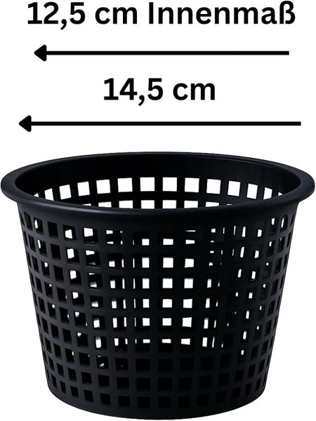 Runder Teichpflanzenkorb mit Gitterstruktur, Innenmaß 12,5 Zentimeter, Außenmaß 14,5 Zentimeter.