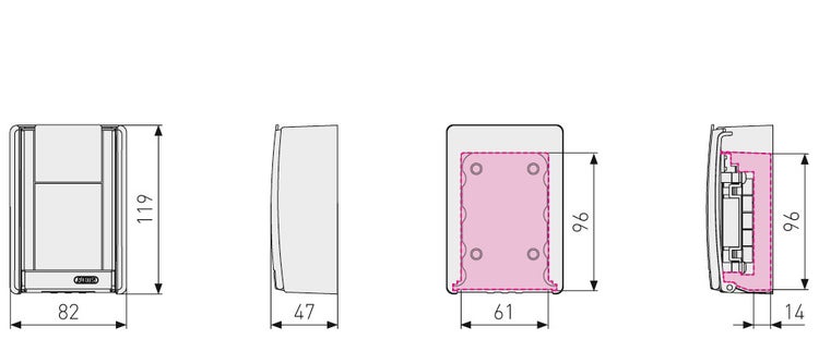 Technische Zeichnung eines ABUS Schlüsseltresors mit Außenmaßen von 119 mal 82 mal 47 Millimetern sowie Darstellung der Innenmaße.
