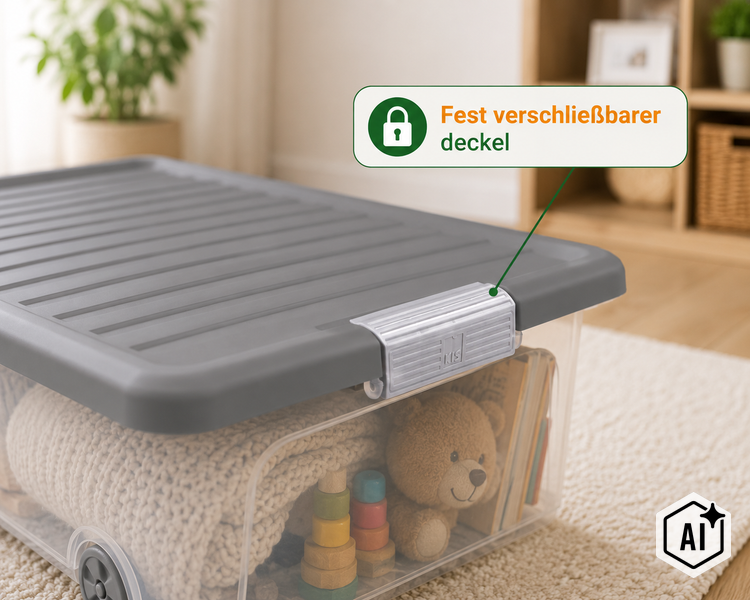 Aufbewahrungsbox aus Kunststoff mit fest verschließbarem Deckel und Rollen, gefüllt mit Spielzeug.