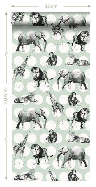 Tapete mit Tiermotiven (Elefant, Löwe, Giraffe, Tiger, Affe) auf gepunktetem Hintergrund, Rollenmaß 53 cm x 10,05 m