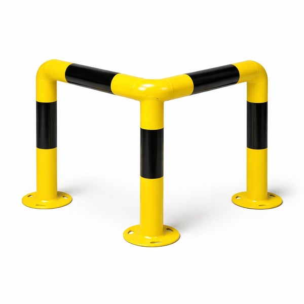 Eckschutzbügel aus Stahl, gelb-schwarz gestreift, dreibeinig mit Bodenplatten zum Aufschrauben.