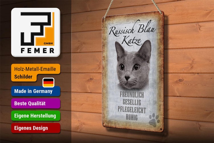 Blechschild Spruch 20x30cm russisch blau Katze Schild