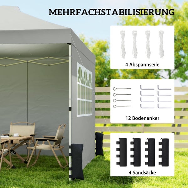 Stabilisierungsset für Faltpavillons bestehend aus 4 Abspannseilen, 12 Bodenankern und 4 Sandsäcken für sicheren Stand im Außenbereich.