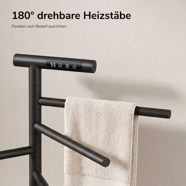 Elektrischer Handtuchheizkörper mit schwenkbaren Heizstäben und digitalem Bedienfeld.