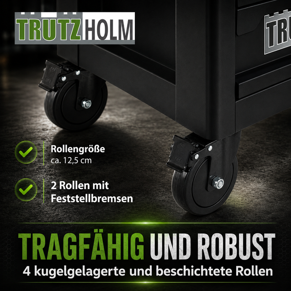 Trutzholm Logo. Kugelgelagerte, beschichtete Rollen eines Werkstattwagens mit zwei Feststellbremsen und circa 12,5 Zentimeter Durchmesser.