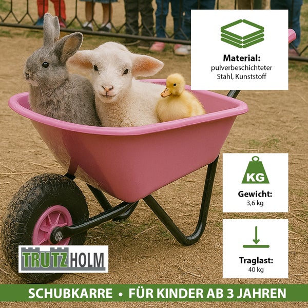 TrutzHolm Logo. Kinder Schubkarre mit Häschen, Lamm und Entenküken. Material: pulverbeschichteter Stahl, Kunststoff. Gewicht: 3,6 kg. Traglast: 40 kg. Für Kinder ab 3 Jahren.