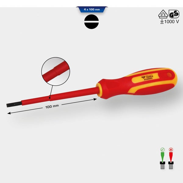 Schlitz-Schraubendreher 4 x 100 mm mit VDE und GS Siegel sowie Brilliant Tools Logo