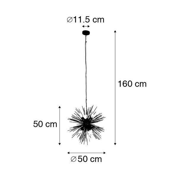 Technische Zeichnung einer Pendelleuchte mit den Maßen 160 cm Höhe, 50 cm Durchmesser und 11,5 cm Baldachindurchmesser.