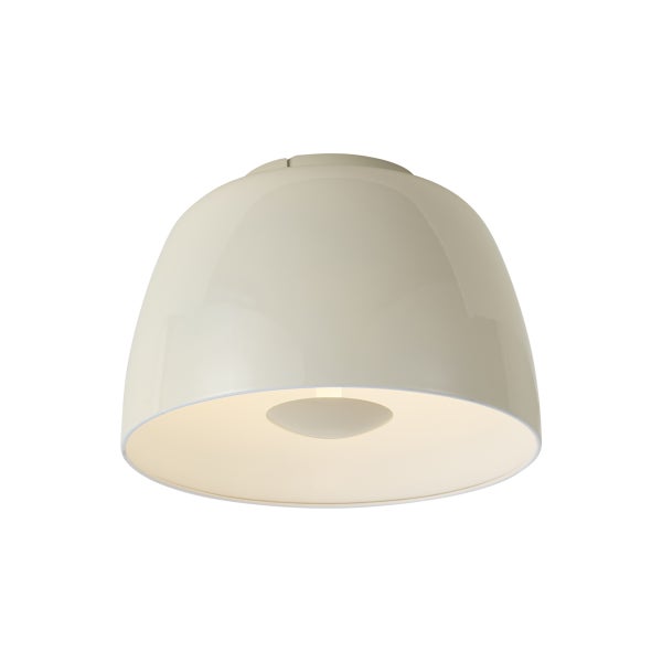 Deckenleuchte in Kuppelform mit glänzender, beiger Oberfläche und integriertem Diffusor für blendfreies Licht.