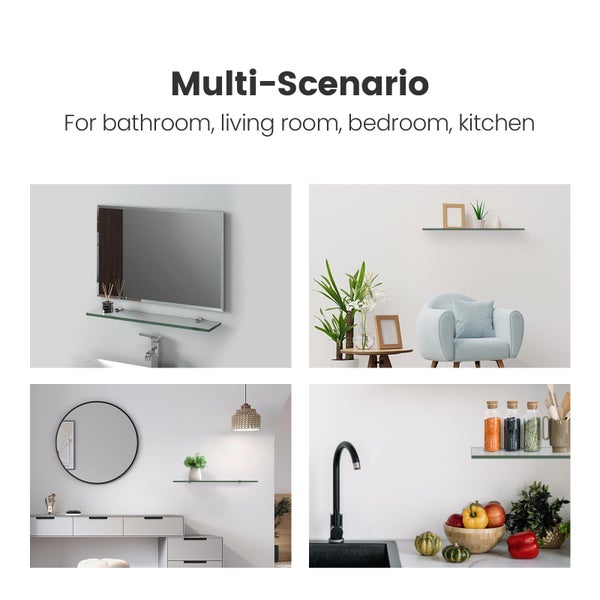 Mehrere Szenarien mit Glasregalen in Bad, Wohnzimmer, Schlafzimmer und Küche