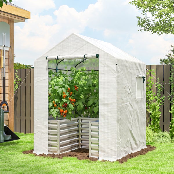 Weißes Foliengewächshaus mit Giebeldach im Garten, Tomatenpflanzen im Metall-Hochbeet auf Rasen.