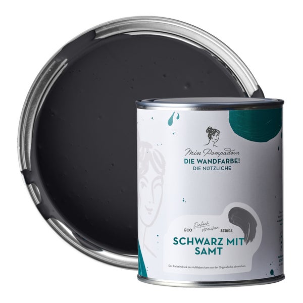 MissPompadour abwaschbare Wandfarbe 1L Schwarz mit Samt - hohe Deckkraft und Ergiebigkeit - matte, scheuerbeständige Innenfarbe - geruchsarm, wasserbasiert, atmungsaktiv - Die Nützliche