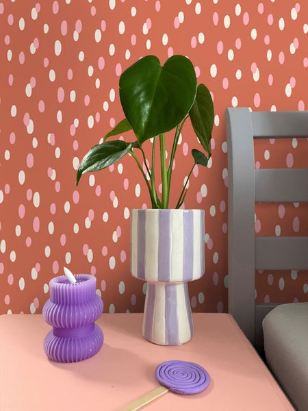 Dekorative Nahaufnahme mit Zimmerpflanze im Topf, gewundener Kerze und Ornament