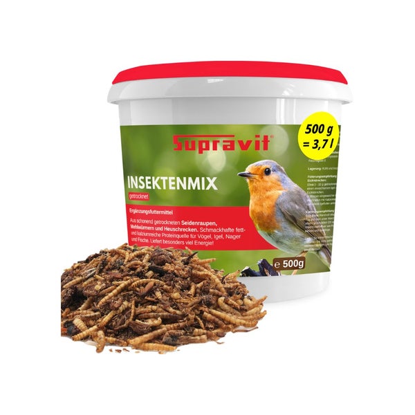 Supravit Insektenmix getrocknet 500 Gramm Eimer mit getrockneten Seidenraupen Mehlwürmern und Heuschrecken als Ergänzungsfuttermittel