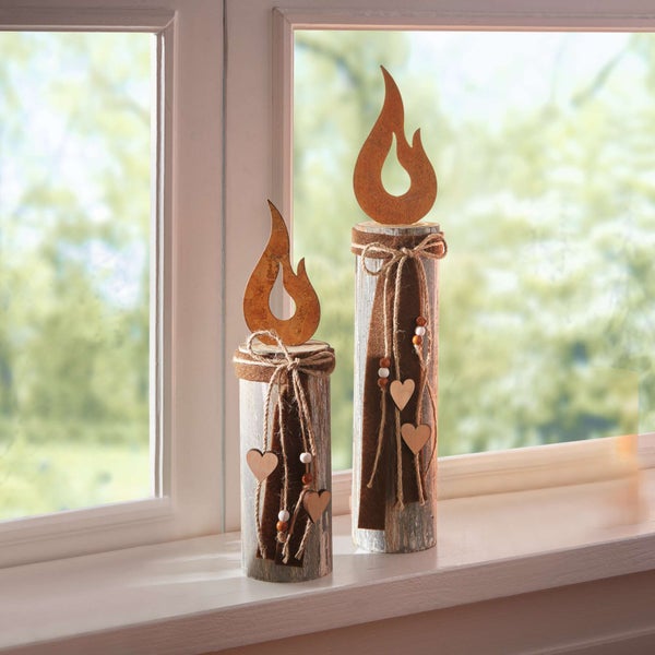 FRANK FLECHTWAREN | Säule Flammendes Herz, 2er Set, HOLZ, METALL, Höhe 33 cm, 45 cm