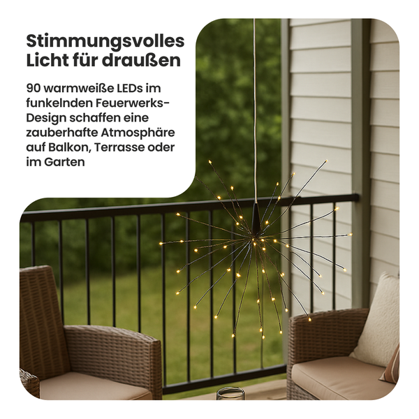 Dekorative Hängeleuchte mit 90 warmweißen LEDs im Feuerwerksdesign für Balkon oder Terrasse